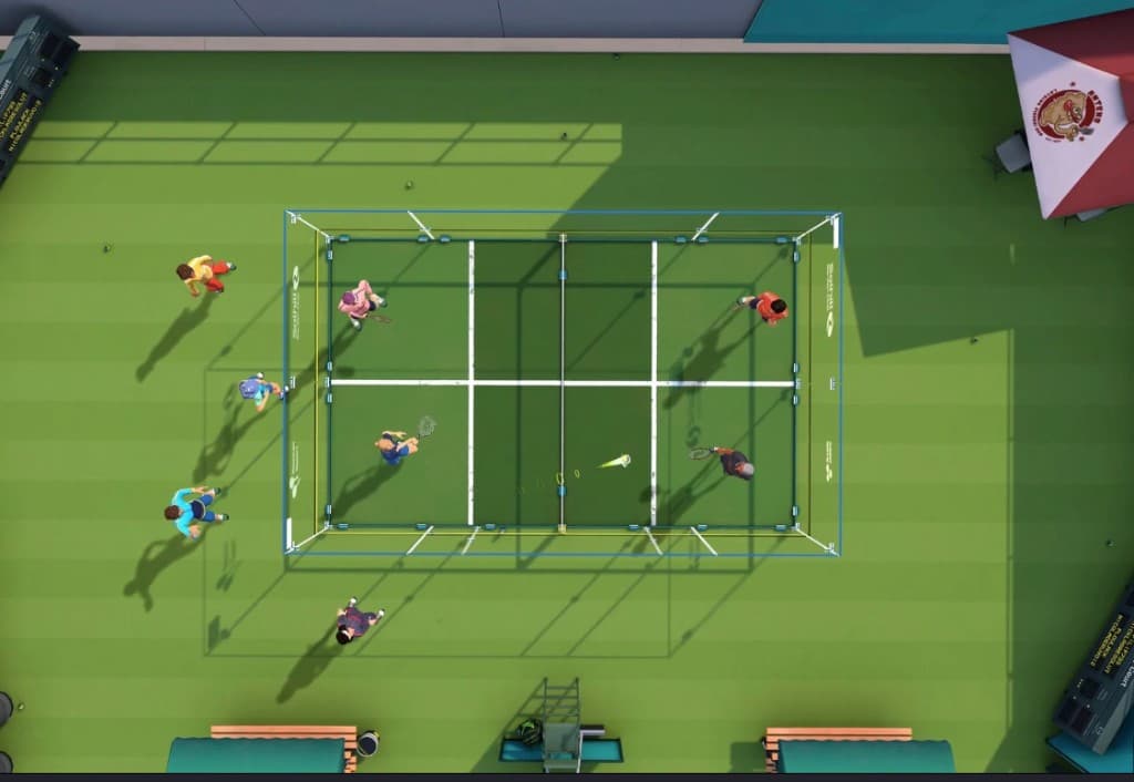 Top-down view of a Racket Club doubles court with players warming up